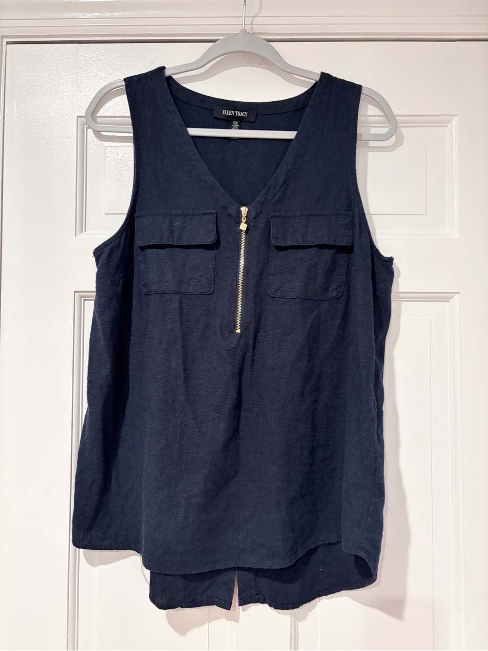Ellen Tracy Navy Blue Linen Blend Sleeveless Tunic Top Gold Zip Medium